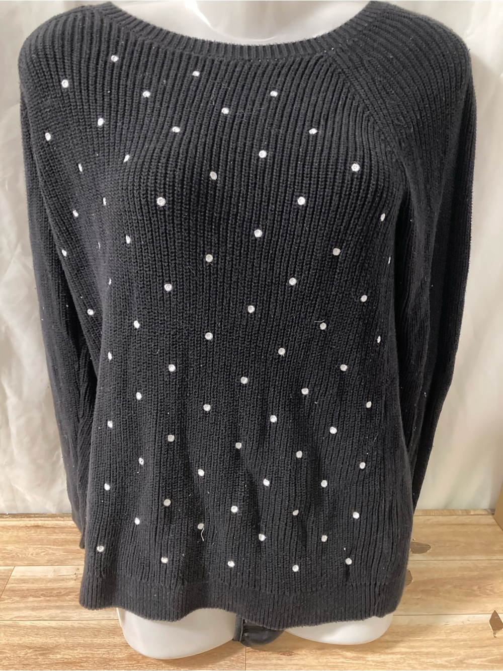 Elle Black Rhinestone Knit Sweater Pullover Boat Neck Size S/P
